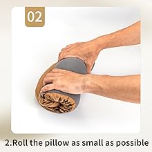 Instructional image labeled '02' showing hands rolling up a dark-colored pillow or cushion, with text indicating rolling instructions.
