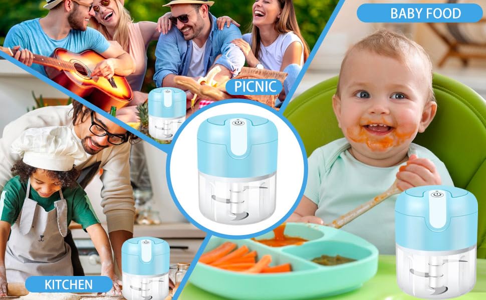 Compact blue and clear plastic food processor shown in multiple settings: kitchen, picnic, and baby feeding scenarios.