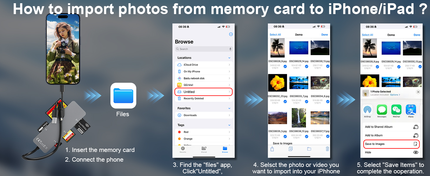 sd card reader for iphone, and how to import photos from memory card to iPhone