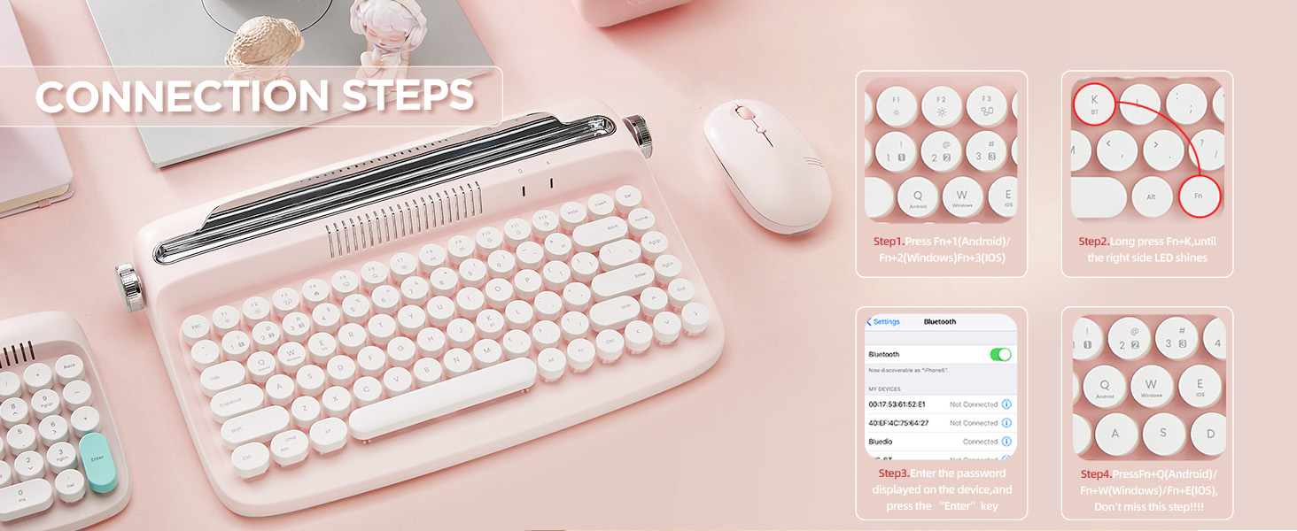 YUNZII ACTTO B303 Wireless Typewriter Keyboard, Retro Bluetooth Aesthetic Keyboard