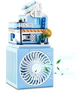 QearFun Small Desk Fan,USB Rechargeable Battery,Cute Building Blocks City Street Fan for Kids wit...