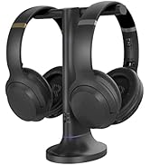 Two black over-ear wireless headphones on a sleek charging stand. The stand has a circular base and an arched support holding both headphones upright.