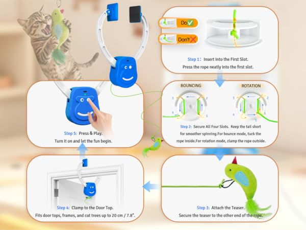 Door frame cat toy setup for indoor cats with bounce and rotation modes