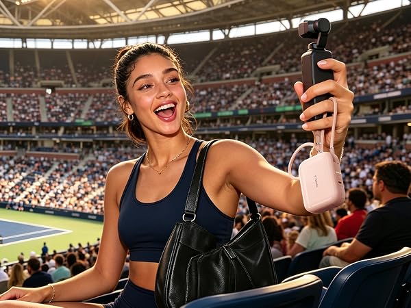 Mini battery pack with built-in dual cables powering camera phone during sports video recording