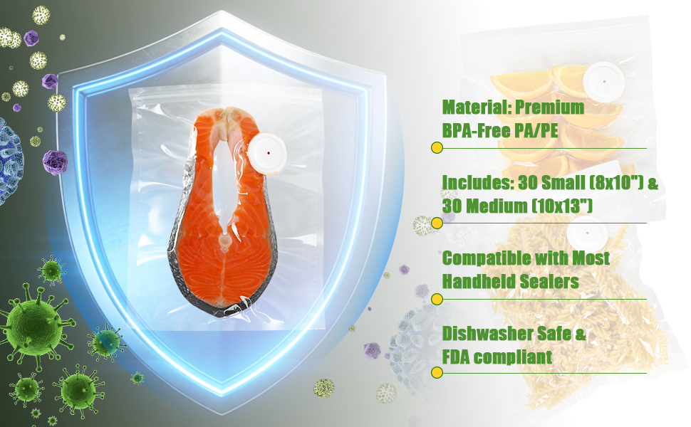 Premium BPA-free bags: 30 small &amp;amp;amp; 30 medium sizes. Fits most handheld sealers; dishwasher safe