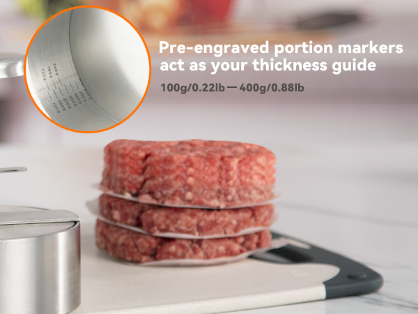 Pre-engraved portion markers (100g/0.22lb to 400g/0.88lb) act as your thickness guide