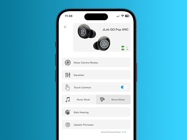 JLab app with go pop anc settings displayed on screen