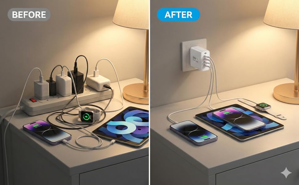 60w 5 port usbc wall charger decluttering messy nightstand charging multiple devices fast