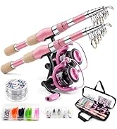 2PCS Pink Telescopic Fishing Rod Reel Combo, Portable Collapsible Spinning Pole with Smooth Reel,...