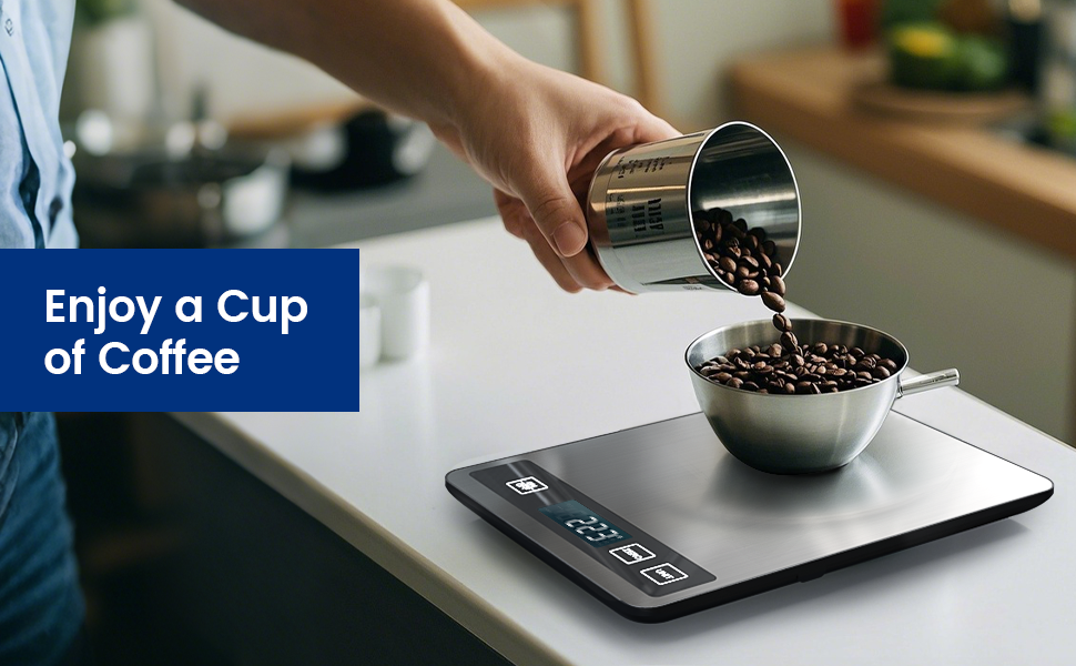 Hand pouring coffee beans from a metal container into a bowl on a digital kitchen scale. Text overlay reads 'Enjoy a Cup of Coffee'.