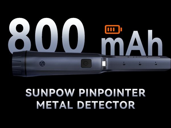 SUNPOW rechargeable pinpointer with 800mAh battery lasting 15 hours for treasure hunting.