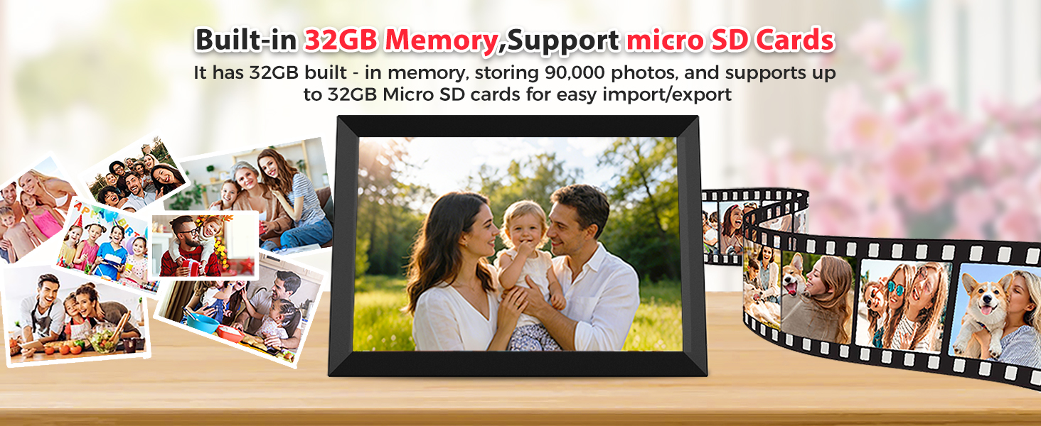 This digital photo frame has 32GB built-in memory and micro SD support,