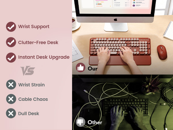 typing on wireless keyboard mouse with wrist rest clean desk setup compared to messy wired keyboard
