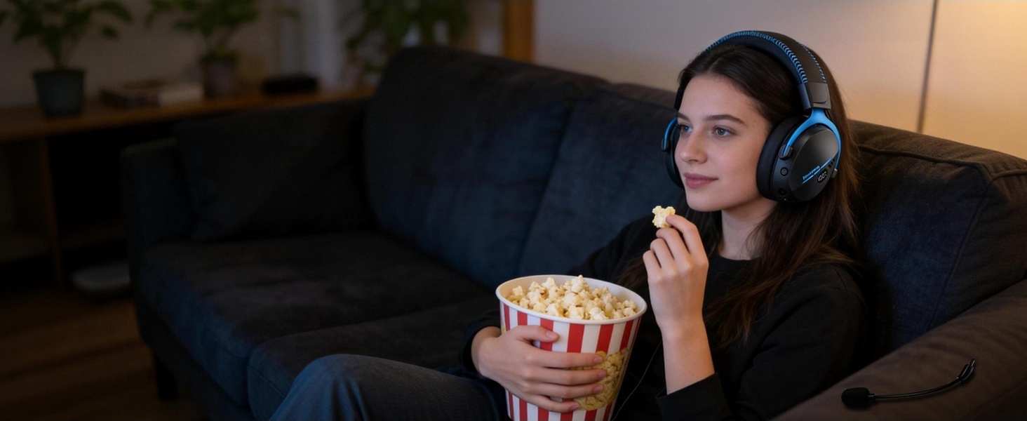 Woman wearing over-ear headphones with blue ear cups, sitting on dark blue couch, holding popcorn in striped container, casual entertainment setup.