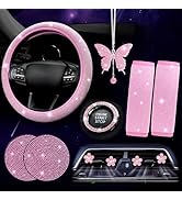 ARTILAURA 11 PCS Pink Car Accessories Set for Women, Bling Steering Wheel Covers, Bling Butterfly...