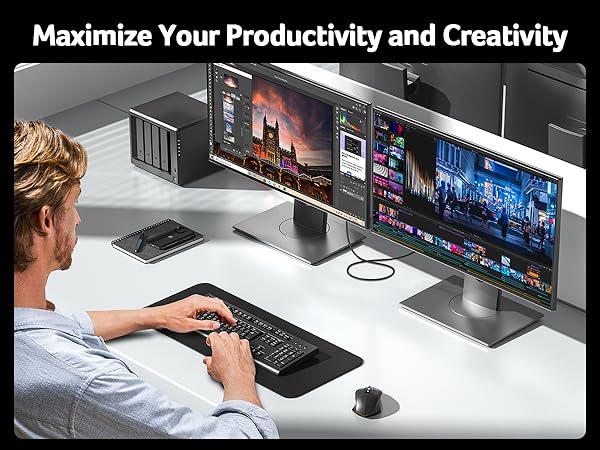 Text reads 'Maximize Your Productivity and Creativity'. Series of images showing digital workspace setup with monitors and drawing tablet.