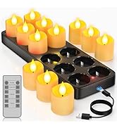 Yme Rechargeable Tea Lights Candles with Charger Storage Base, 12 Pack Battery Operated LED Flame...