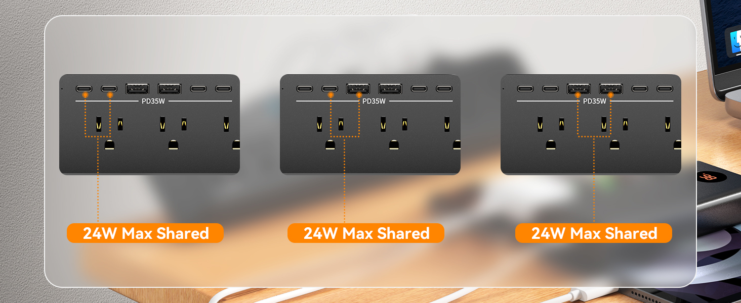 6 Outlets Office desktop charging station with USB-C Ports