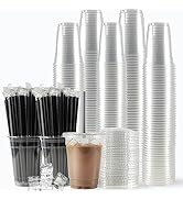 WUHUIXOZ [200 Sets - 12oz] Plastic Cups with Lids and Straws, Disposable Cups for Iced Coffee, Sm...