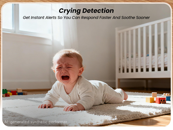 Crying infant on carpet in sunlit nursery with wooden building blocks and white crib in background.