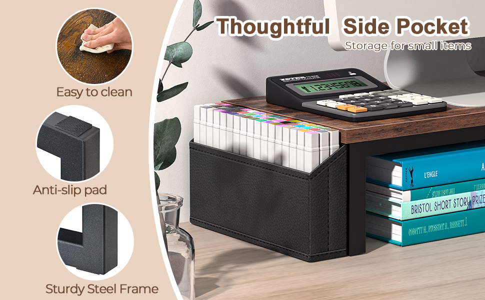 wooden monitor riser for desk with side pocket