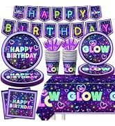 Glow Neon Party Supplies Tableware Set, 142Pcs Let's Glow Birthday Party Decorations Include Neon...