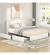 HXERY Queen Ivory Boucle Upholstered Platform Bed with Vertical Striped Wingback Headboard, 4 Und...