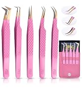 5 Pcs Fiber-Tip Japanese Steel Lash Tweezer Set with Leather Case, Professional Eyelash Tweezers ...