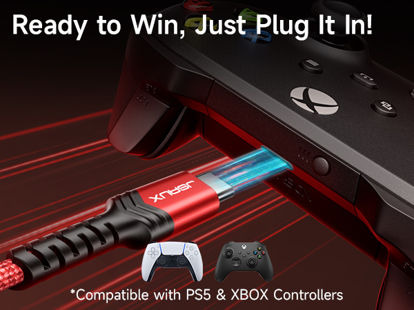 Close-up of a red and blue gaming cable connector, with text indicating compatibility with PS5 and Xbox controllers.