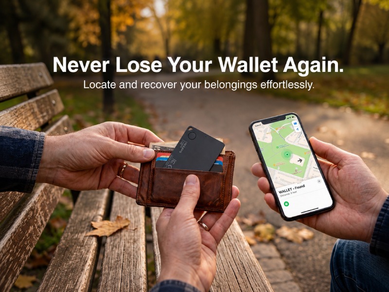 Smart tracker card placed inside a wallet, with the wallet’s location shown on a phone map.