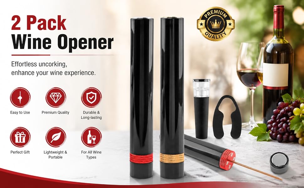 2 Pack Air Pressure Wine Opener Set, Portable Pneumatic Wine Bottle Cork Remover,Wine Accessory Kit
