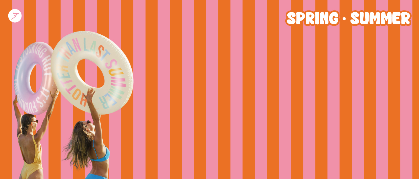 Text reads 'SPRING SUMMER'. Orange and white striped background with white sneakers and striped socks displayed on right side of promotional banner.