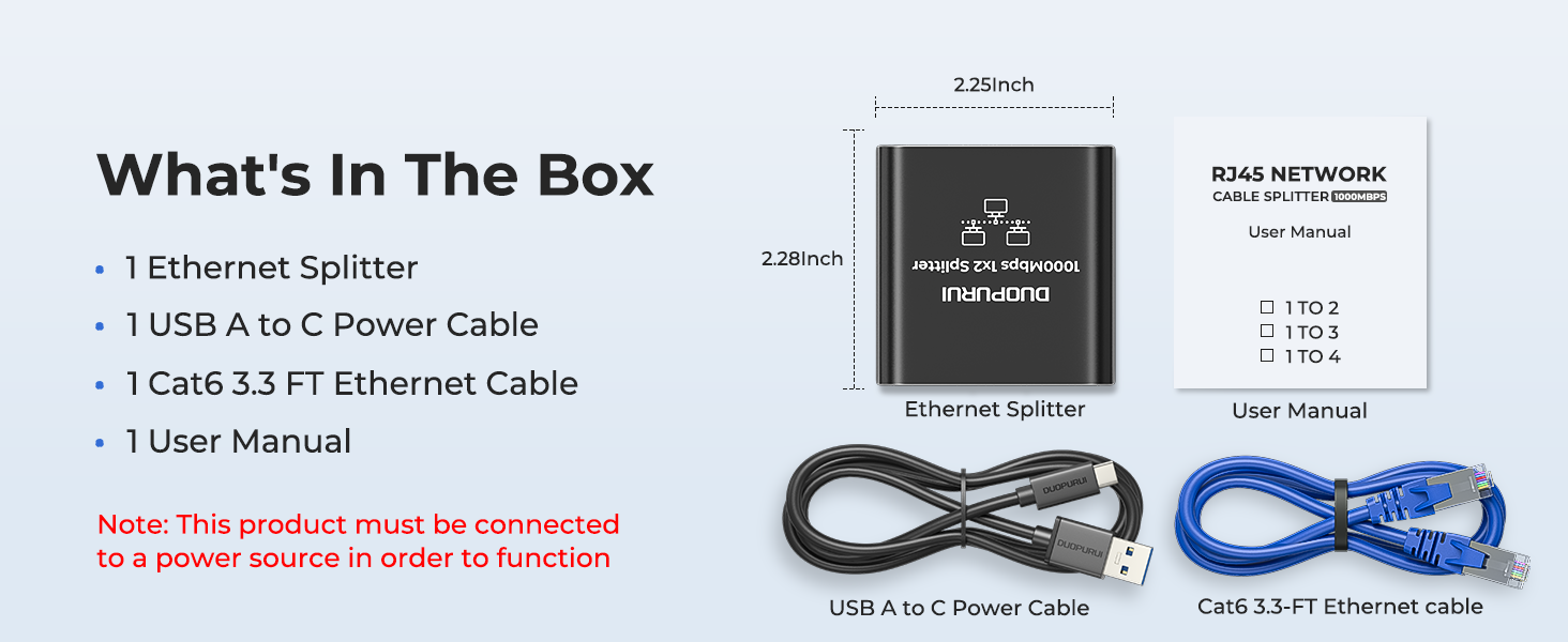 product includes a ethernet splitter 1 to 2 a manual and a power cord.
