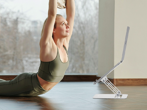 ortable laptop stand enables hands-free viewing for workouts, online classes and fitness training
