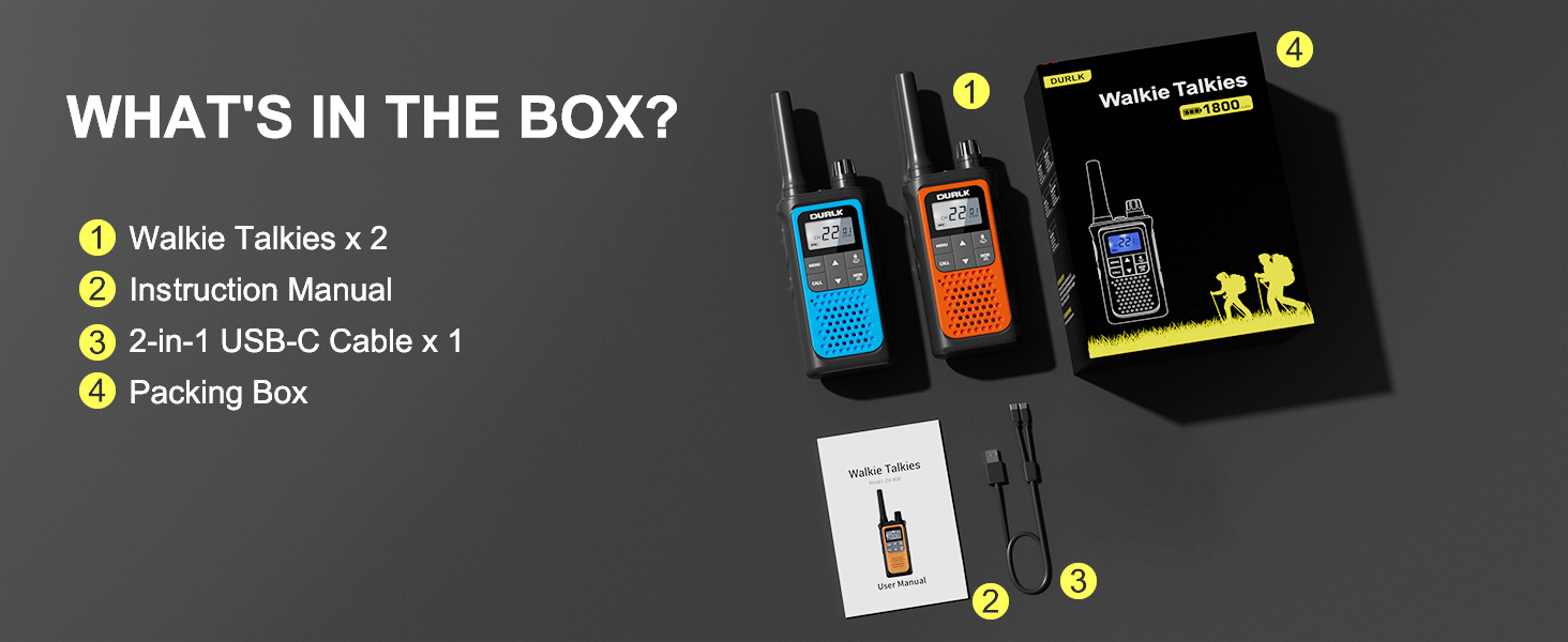 The package includes 4 rechargeable walkie talkies charging cables adapters instructions and box
