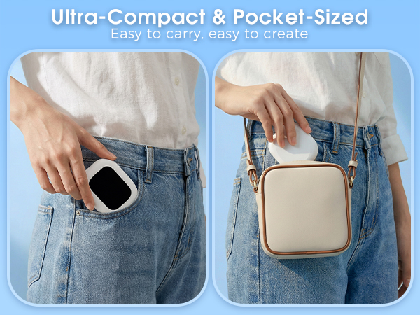 Text reads 'Ultra-Compact &amp; Pocket-Sized Easy to carry, easy to create'. Split image showing small device in jeans pocket and beige compact crossbody bag demonstration.