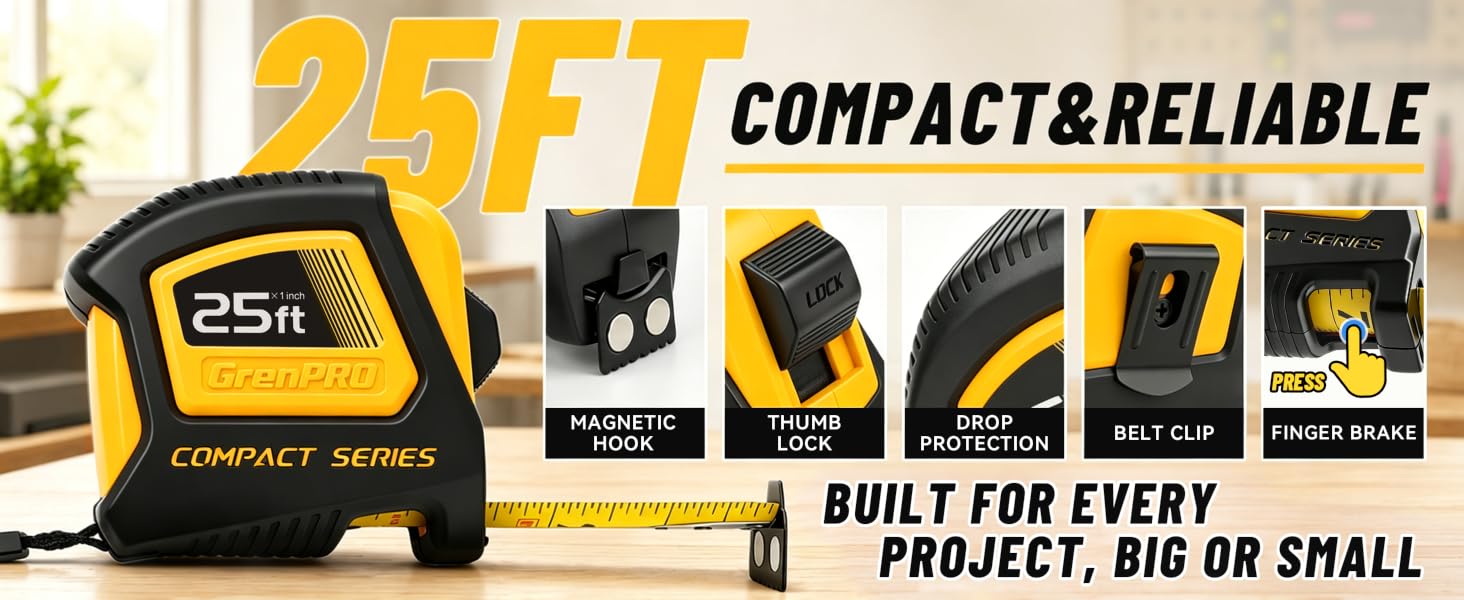GrenPRO 25FT Compact Magnetic Tape Measure