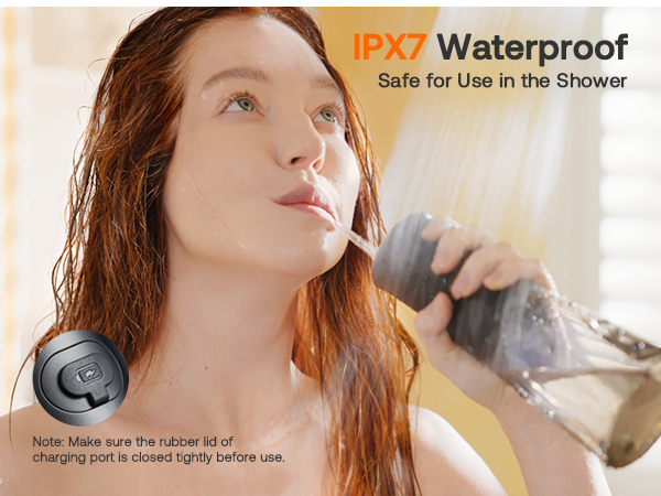 IPX7 waterproof electronic device shown in shower setting, with text indicating safe shower use.