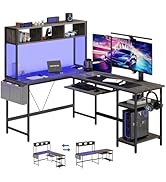 DUMOS L Shaped Gaming Desk 67”, Reversible Computer Desks with Led Lights Corner Table with Keybo...