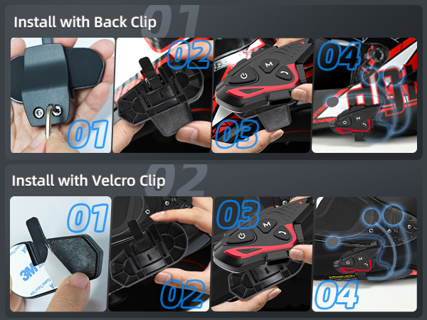 Installation guide for car accessory, showing steps for back clip and Velcro clip attachment methods. Numbered panels demonstrate the process.