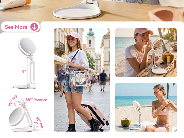 ergonomic height adjustable up to 9 inches and 180/360 degree rotatable travel mirror