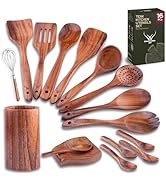 16 Pcs Teak Wooden Cooking Utensils Set – Premium Teak Wooden Utensil Set with Holder, Wooden Spo...