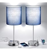 Blue Touch Lamps for Nightstand Set of 2 - Bedside Table Lamp for Bedroom with Dual USB Ports &amp; A...