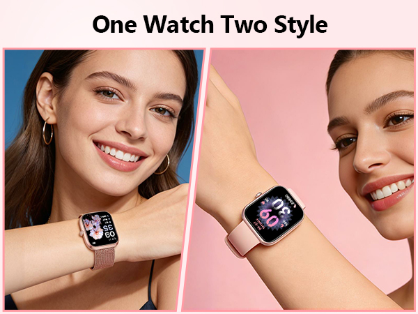 Text reads 'One Watch Two Style'. Smartwatch displayed in multiple views showing different watch faces and styles against pink background.