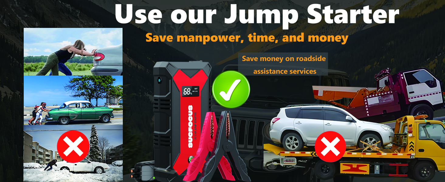 how to jump start car?jump starter,jump start car,sucfocus jump starter,save money and time,no AAA