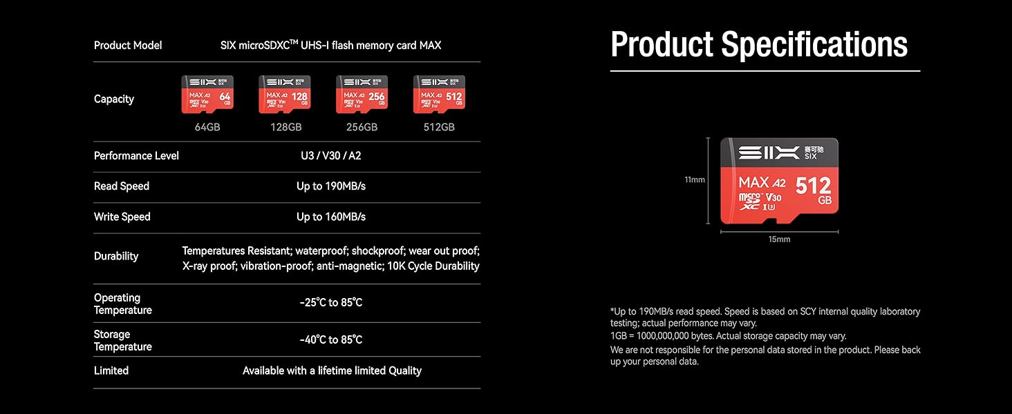 Product specifications table with technical details and measurements shown in dark theme layout with white text.