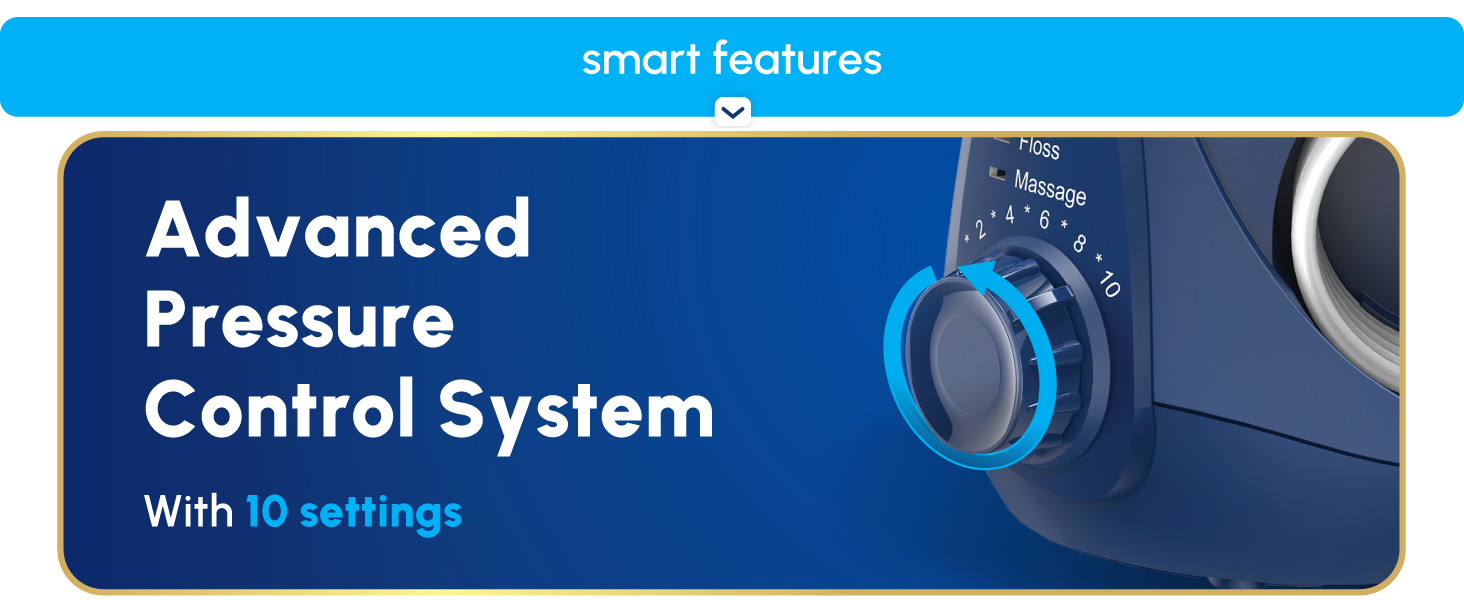 Image of Waterpik floss machine settings dial with text reading advanced pressure control system.