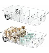 MANO 2 Pack Divided Rolling Refrigerator Tray Clear Roll Out Fridge Caddy Organizer with Wheels f...