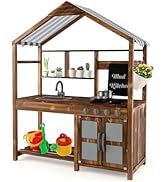 HONEY JOY Mud Kitchen with Canopy, Fir Wood Play Kitchen for Toddlers, Garden Sink, Stoves, Chalk...