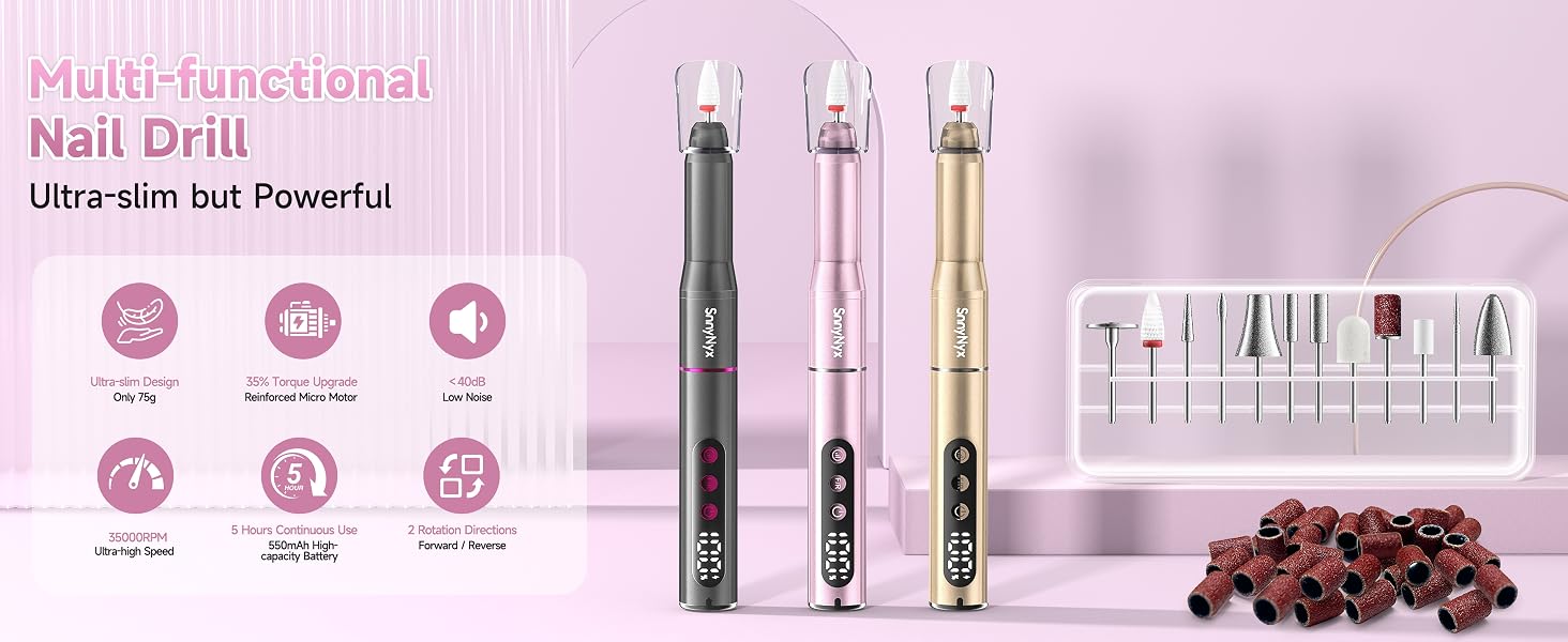 Cordless nail drill for manicures, pedicures, and pet nails. Removes gel, acrylic, and poly nails